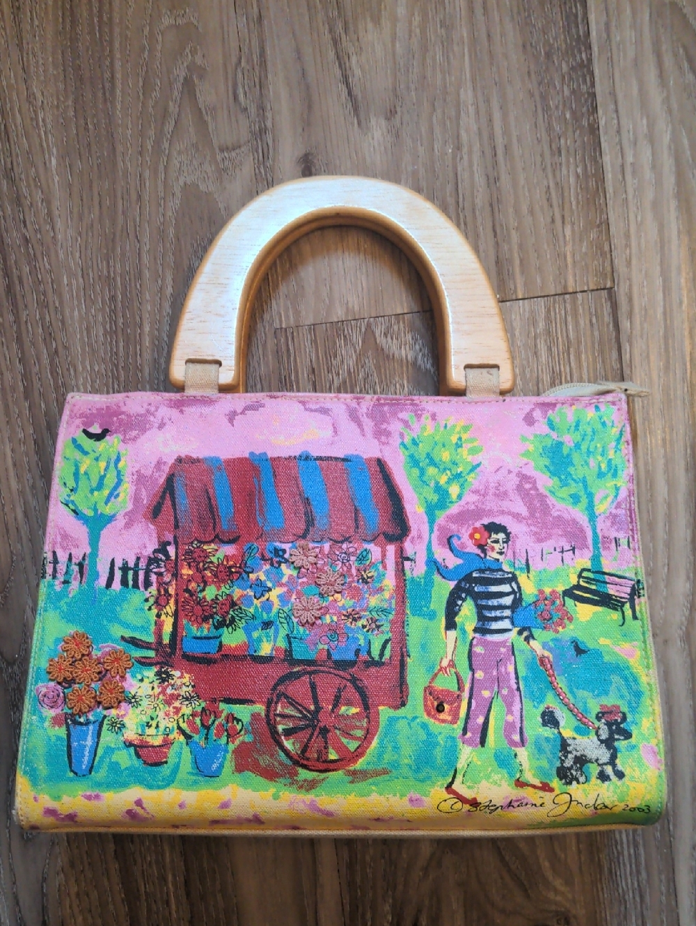 Sonoma Pink Floral Painted And Signed Market Bag with Wooden Handles
